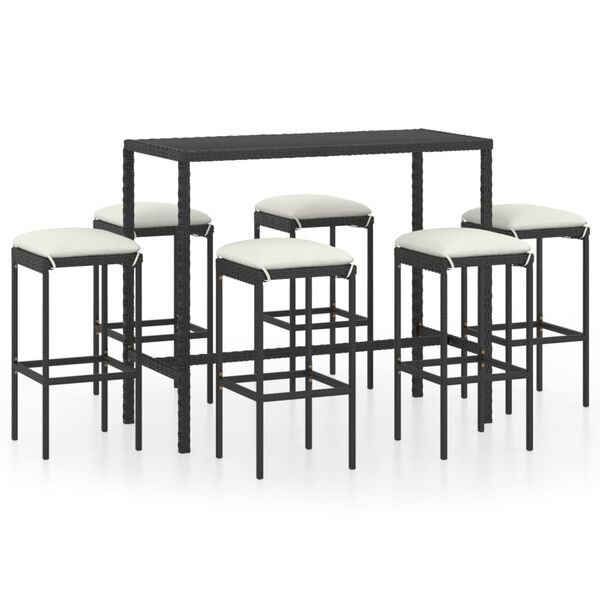 vidaXL 7 pcs conjunto de bar p/ jardim c/ almofad&otilde;es vime PE preto