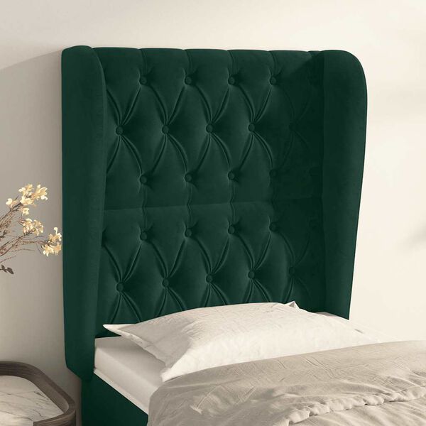 vidaXL Cabeceira de cama c/ abas veludo 83x23x118/128 cm verde-escuro