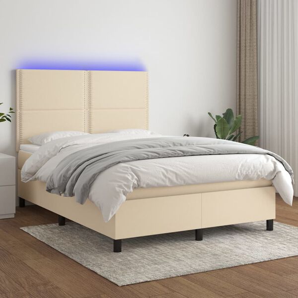 vidaXL Cama box spring c/ colch&atilde;o e LED 140x200 cm tecido cor creme