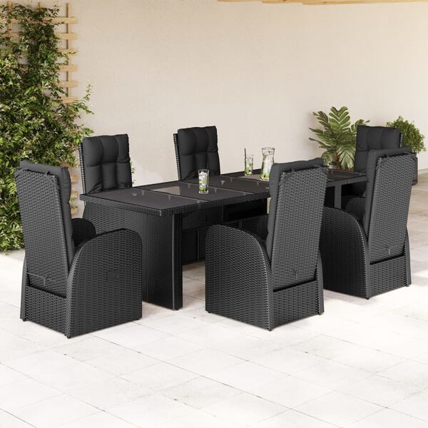 vidaXL 7 pcs conjunto de jantar p/ jardim c/ almofad&otilde;es vime PE preto