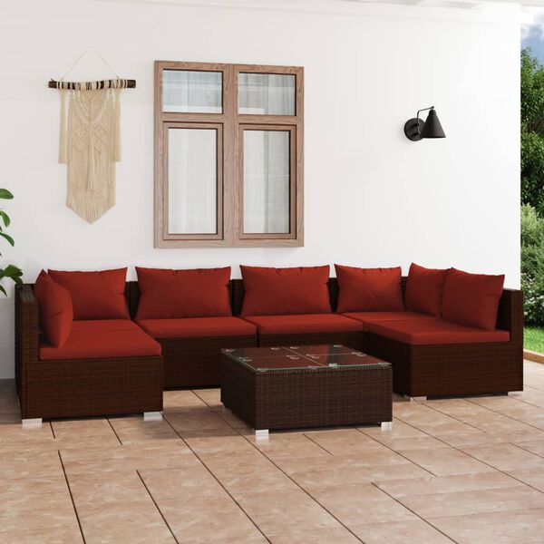 vidaXL 7 pcs conjunto lounge jardim c/ almofad&otilde;es vime PE castanho