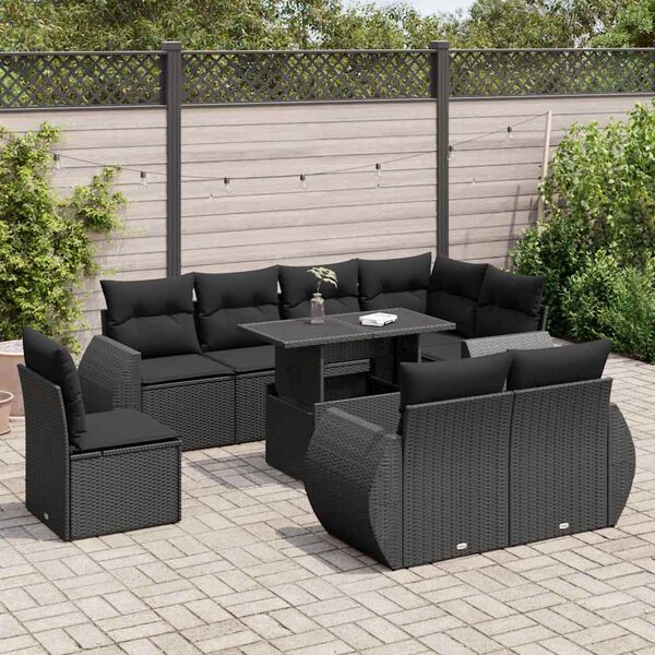 vidaXL 9 pcs conjunto de sof&aacute;s p/ jardim c/ almofad&otilde;es vime PE preto
