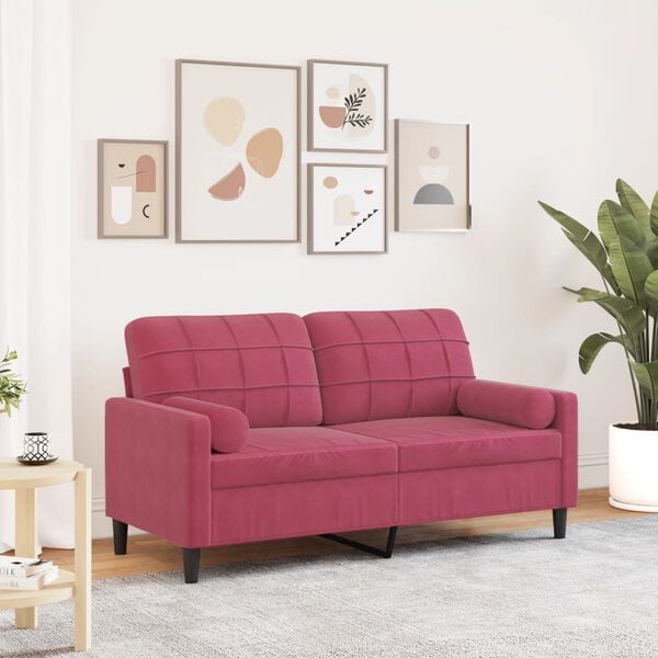 vidaXL Sofá 2 lug. + almofadas decorativas 140cm veludo vermelho tinto