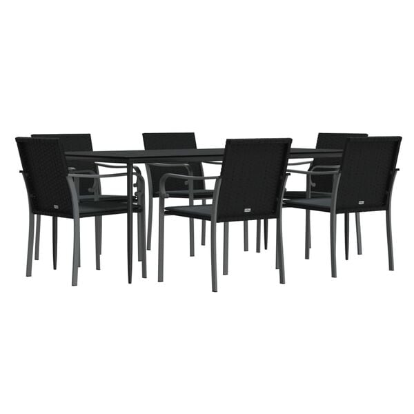 vidaXL 7 pcs conjunto de jantar p/ jardim c/ almofad&otilde;es vime PE e a&ccedil;o