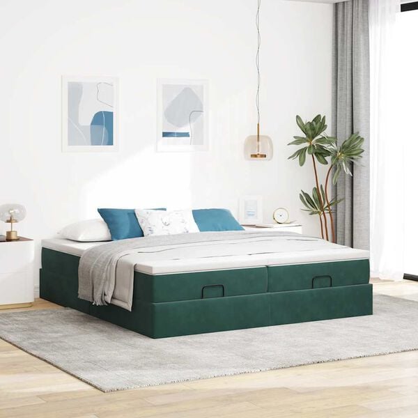vidaXL Estrutura de cama otomana com colch&atilde;o verde escuro Veludo