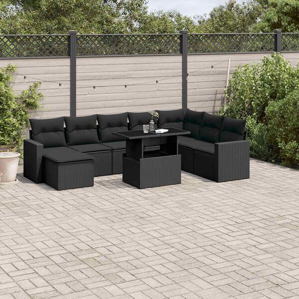 vidaXL 9 pcs conjunto de sof&aacute;s p/ jardim c/ almofad&otilde;es vime PE preto