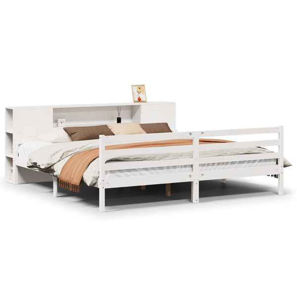 vidaXL Cama com estante sem colch&atilde;o 180x200 cm pinho maci&ccedil;o branco