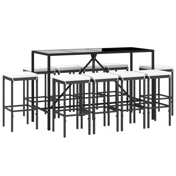 vidaXL 11 pcs conjunto de bar p/ jardim c/ almofadões vime PE preto