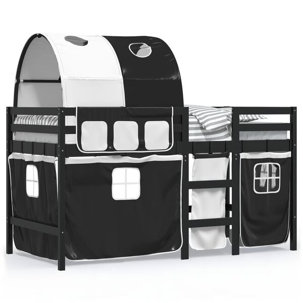 vidaXL Cama alta criança c/ túnel 90x200 cm pinho maciço branco/preto