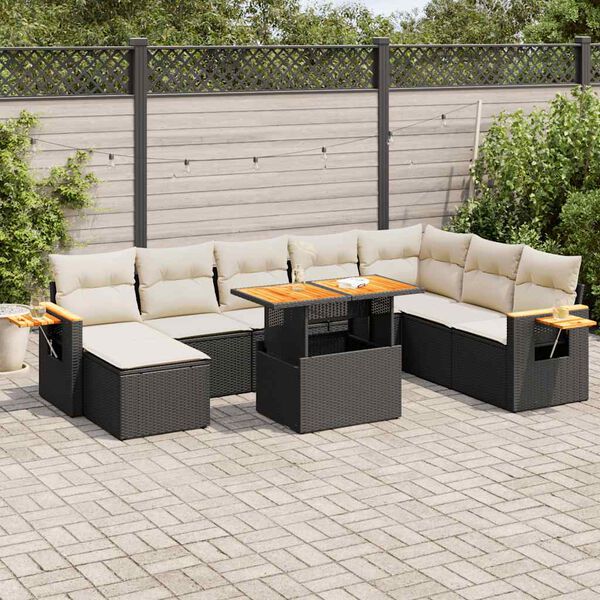 vidaXL 9 pcs conjunto sof&aacute;s p/ jardim almofad&otilde;es vime PE/ac&aacute;cia preto