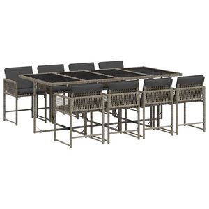 vidaXL 9 pcs conjunto de jantar p/ jardim c/ almofad&otilde;es vime PE cinza