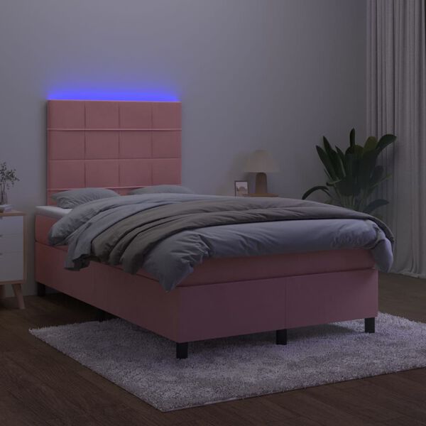 vidaXL Cama box spring c/ colch&atilde;o/LED 120x200 cm veludo rosa