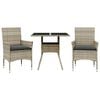 vidaXL 3 pcs conjunto jantar jardim c/ almofad&otilde;es PE/vidro cinza claro
