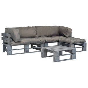 vidaXL Conj. lounge de paletes 4 pcs com almofad&otilde;es cinzentos madeira