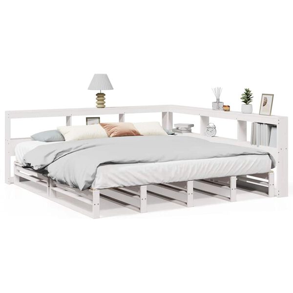 vidaXL Cama com estante sem colch&atilde;o 180x200 cm pinho maci&ccedil;o branco