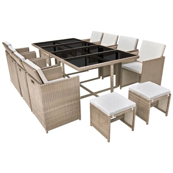 vidaXL 13 pcs conjunto jantar exterior com almofad&otilde;es vime PE bege