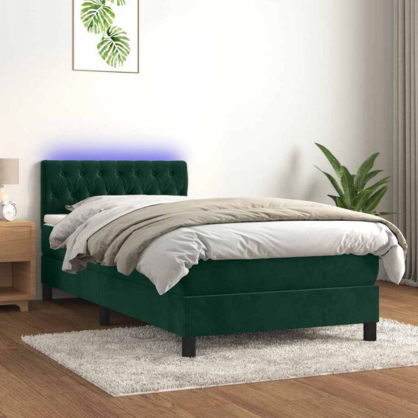vidaXL Cama box spring c/ colch&atilde;o/LED 90x190 cm veludo verde-escuro