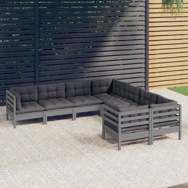 vidaXL 8 pcs conjunto lounge de jardim + almofad&otilde;es pinho maci&ccedil;o cinza