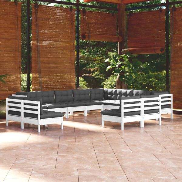 vidaXL 12 pcs conj. lounge de jardim c/ almofadões pinho maciço branco