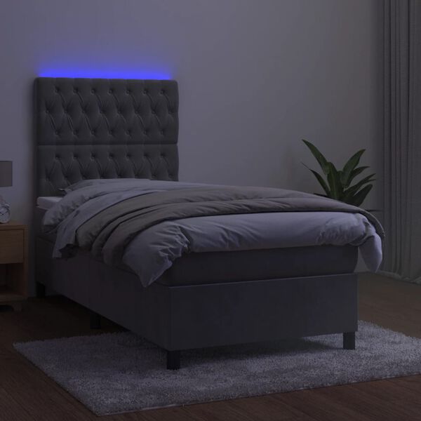 vidaXL Cama box spring c/ colch&atilde;o/LED 90x190 cm veludo cinzento-claro
