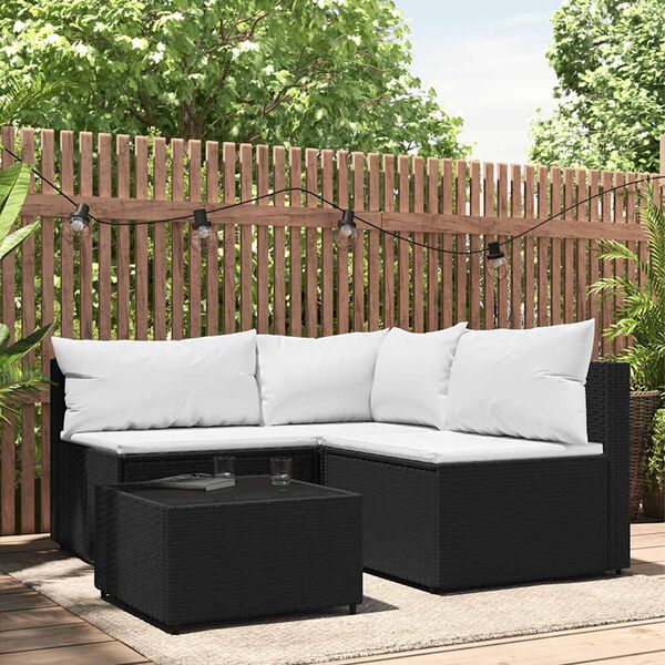 vidaXL 4 pcs conjunto lounge de jardim c/ almofad&otilde;es vime PE preto