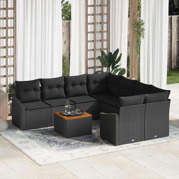 vidaXL Conjunto de Sof&aacute; de Jardim com almofada 9 pcs Preto vime PE