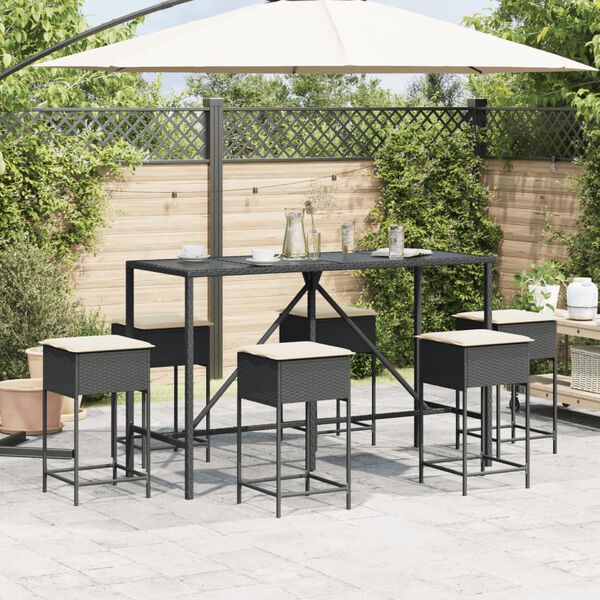 vidaXL 7 pcs conjunto de bar para jardim c/ almofad&otilde;es vime PE preto
