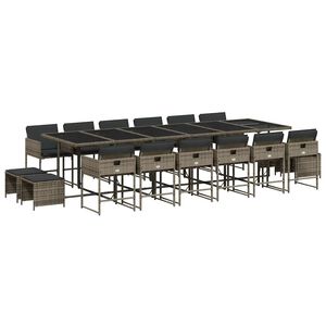 vidaXL 17 pcs conj. de jantar p/ jardim c/ almofad&otilde;es vime PE cinzento
