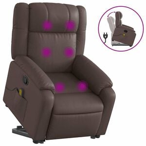 vidaXL Poltrona massagens reclin&aacute;vel elevat&oacute;ria couro artif. castanho