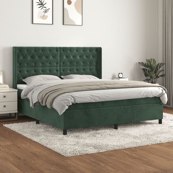 vidaXL Cama com molas/colch&atilde;o 160x200 cm veludo verde-escuro