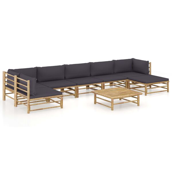 vidaXL 8 pcs conj. lounge jardim em bambu c/ almofadões cinza-escuro