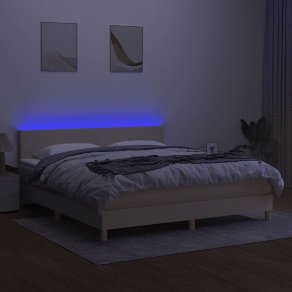 vidaXL Cama box spring c/ colch&atilde;o e LED 180x200 cm tecido cor creme