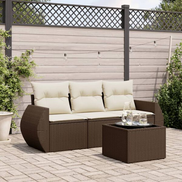vidaXL 4 pcs conjunto sof&aacute;s de jardim c/ almofad&otilde;es vime PE castanho