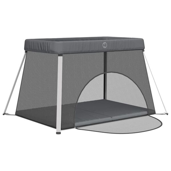 vidaXL Parque para beb&eacute;s com colch&atilde;o tecido de linho cinzento-escuro