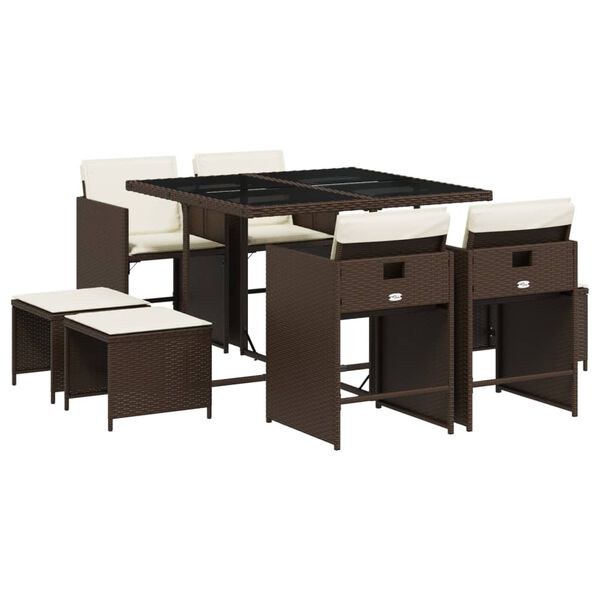 vidaXL 9 pcs conjunto jantar p/ jardim c/ almofad&otilde;es vime PE castanho