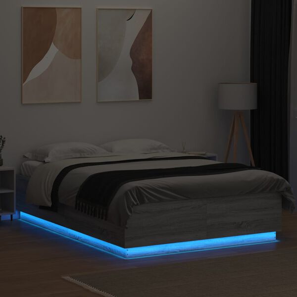vidaXL Estrutura de cama c/ luzes LED derivados madeira cinza sonoma