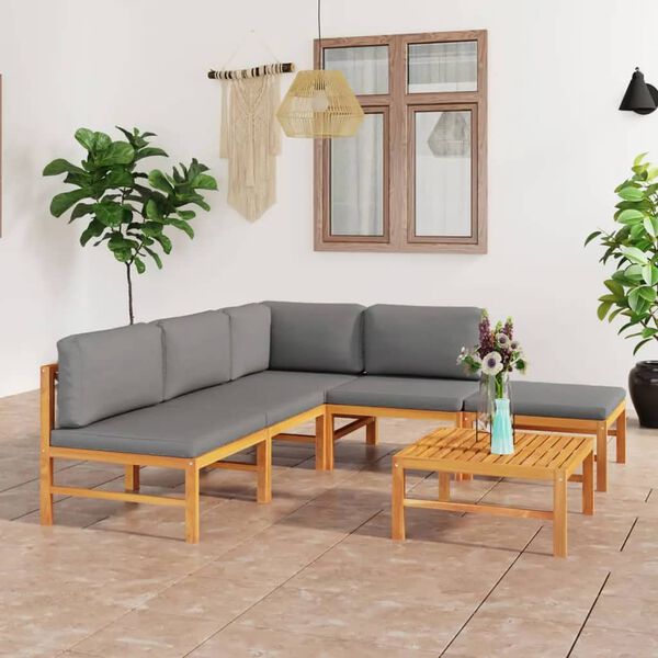 vidaXL 6 pcs conj. lounge jardim c/ almofad&otilde;es cinzentos teca maci&ccedil;a