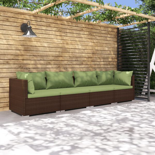 vidaXL 4 pcs conjunto lounge jardim c/ almofadões vime PE castanho