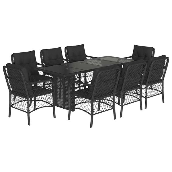 vidaXL 9 pcs conjunto de jantar p/ jardim c/ almofad&otilde;es vime PE preto
