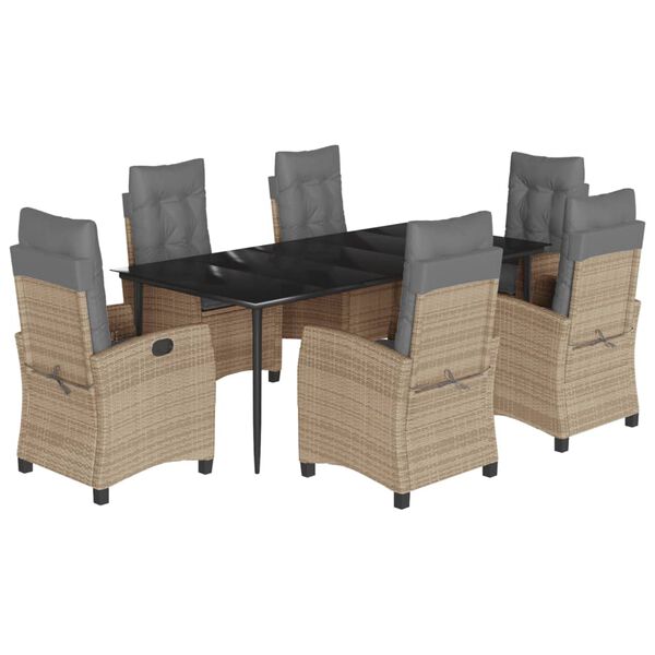 vidaXL 7 pcs conj. jantar jardim c/ almofad&otilde;es vime PE bege misturado