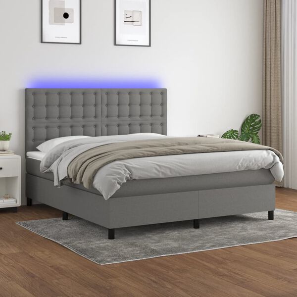 vidaXL Cama box spring c/ colch&atilde;o e LED 180x200 cm tecido cinza-escuro