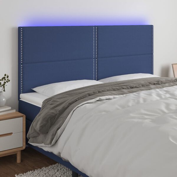 vidaXL Cabeceira de cama c/ luzes LED tecido 200x5x118/128 cm azul