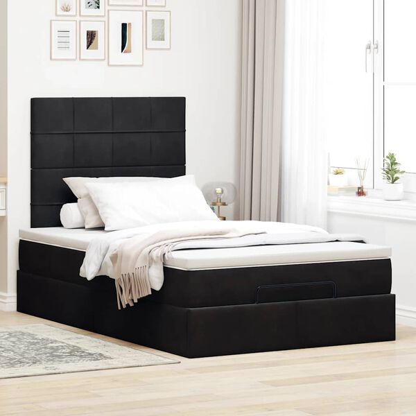 vidaXL Estrutura de cama otomana com colch&otilde;es preto 120x190 cm Veludo