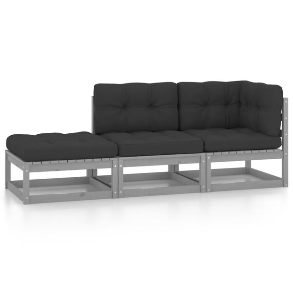 vidaXL 3 pcs conjunto lounge de jardim c/ almofadões pinho maciço