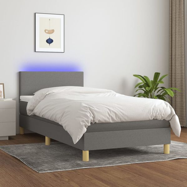 vidaXL Cama box spring c/ colch&atilde;o e LED 90x200 cm tecido cinza-escuro