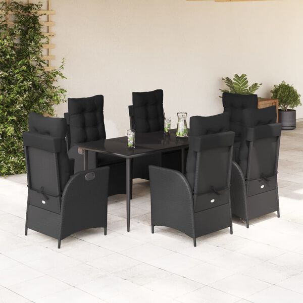 vidaXL 7 pcs conjunto de jantar p/ jardim c/ almofad&otilde;es vime PE preto