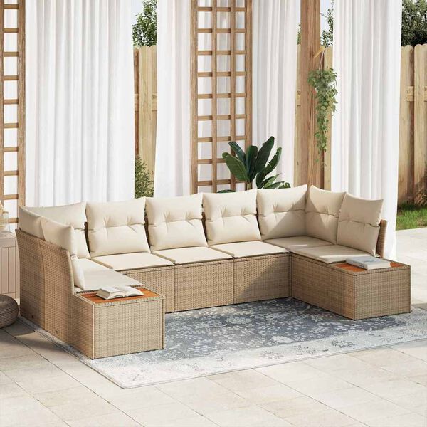 vidaXL Conjunto de Sof&aacute; de Jardim 7 pcs Bege e Creme Polirattan