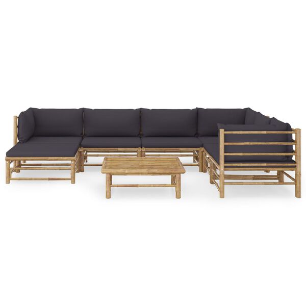 vidaXL 8 pcs conj. lounge jardim em bambu c/ almofadões cinza-escuro