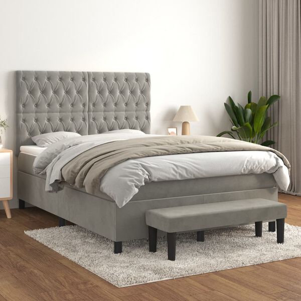 vidaXL Cama com molas/colch&atilde;o 140x200 cm veludo cinzento-claro
