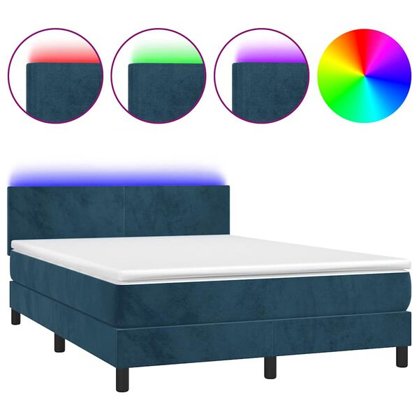 vidaXL Cama box spring c/ colch&atilde;o/LED 140x200 cm veludo azul-escuro